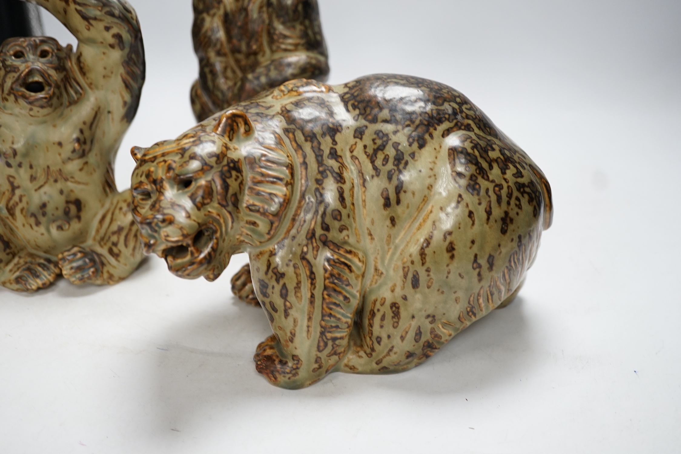 Three Royal Copenhagen, stoneware animals by Knud Kyhn; a monkey (21633), an ape (20227) and a bear (20140), tallest 21.5 cm